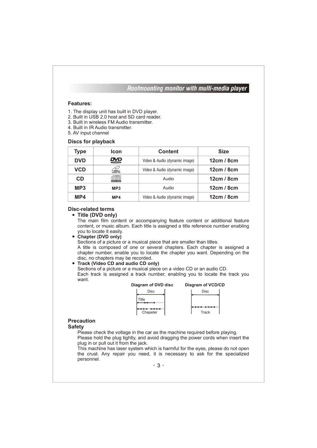 PYLE Audio PLRD92 user manual Features, Discs for playback, Icon Content, 12cm / 8cm, Disc-related terms Title DVD only 