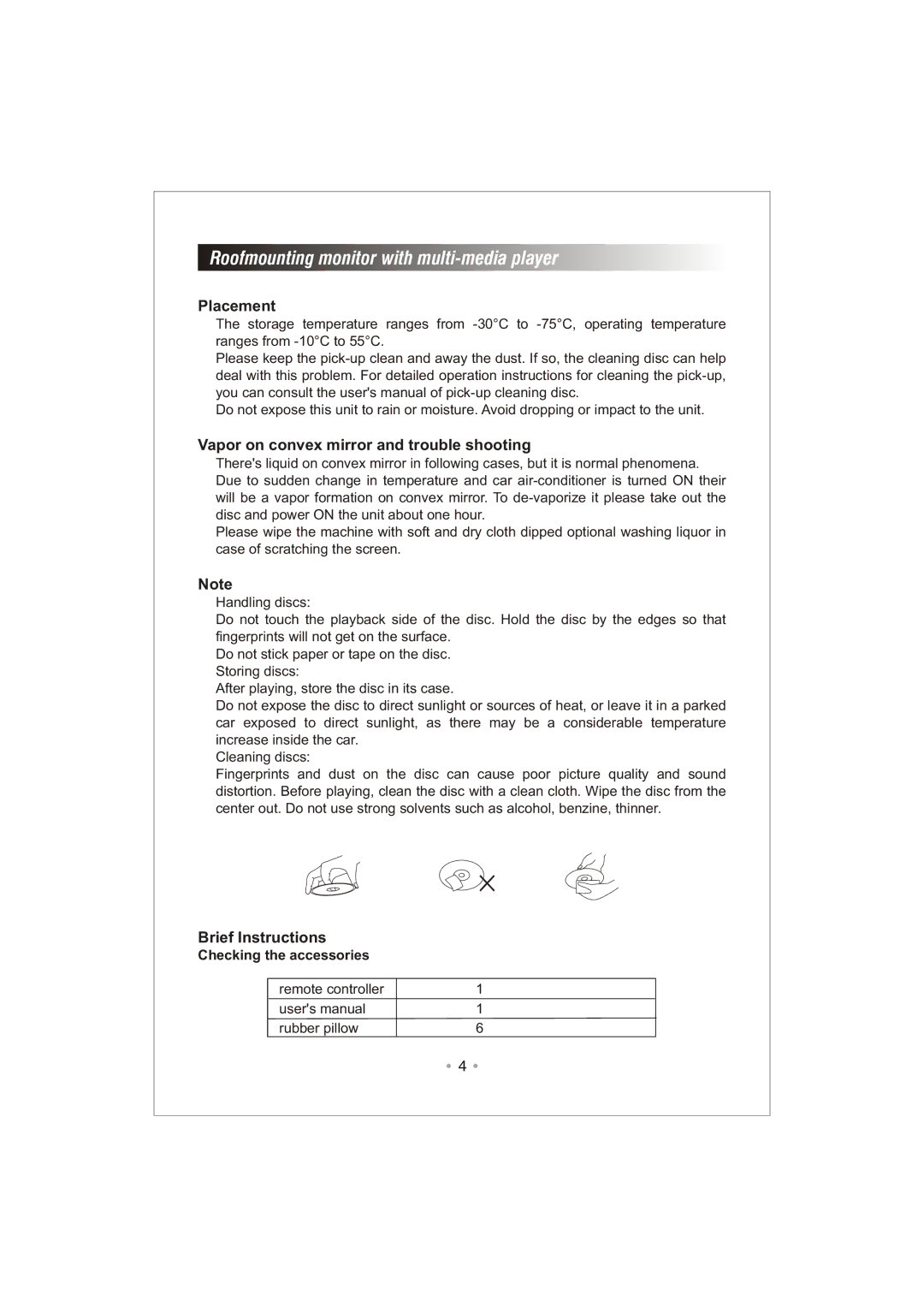 PYLE Audio PLRD92 user manual Placement, Vapor on convex mirror and trouble shooting, Brief Instructions 