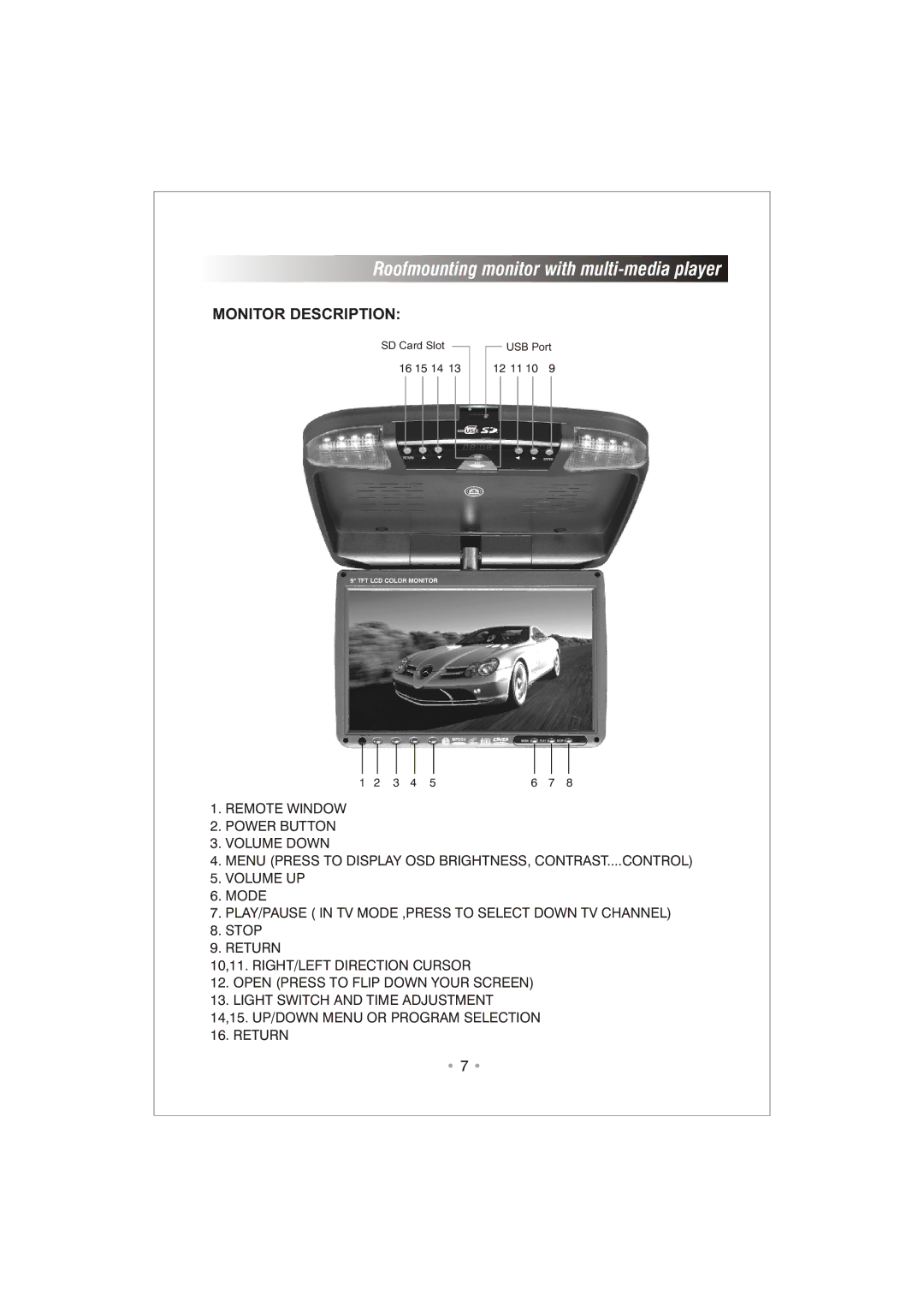 PYLE Audio PLRD92 user manual Roofmounting monitor with multi-media player 