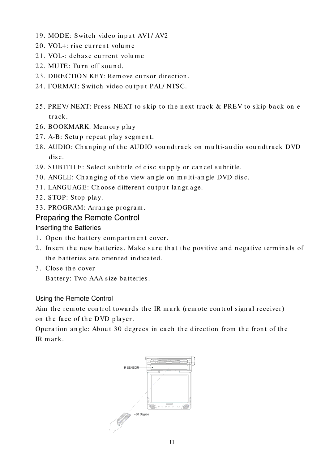 PYLE Audio PLRDVD10 manual Preparing the Remote Control, Inserting the Batteries, Using the Remote Control 