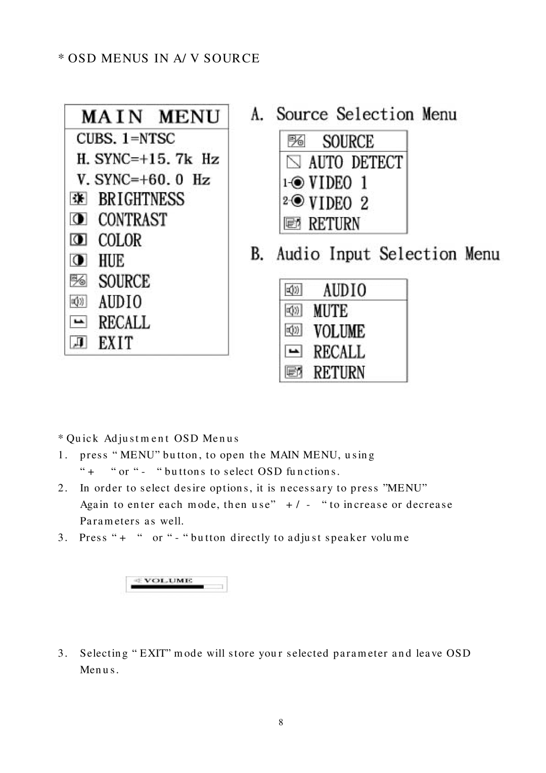 PYLE Audio PLRDVD10 manual OSD Menus in A/V Source, Quick Adjustment OSD Menus 