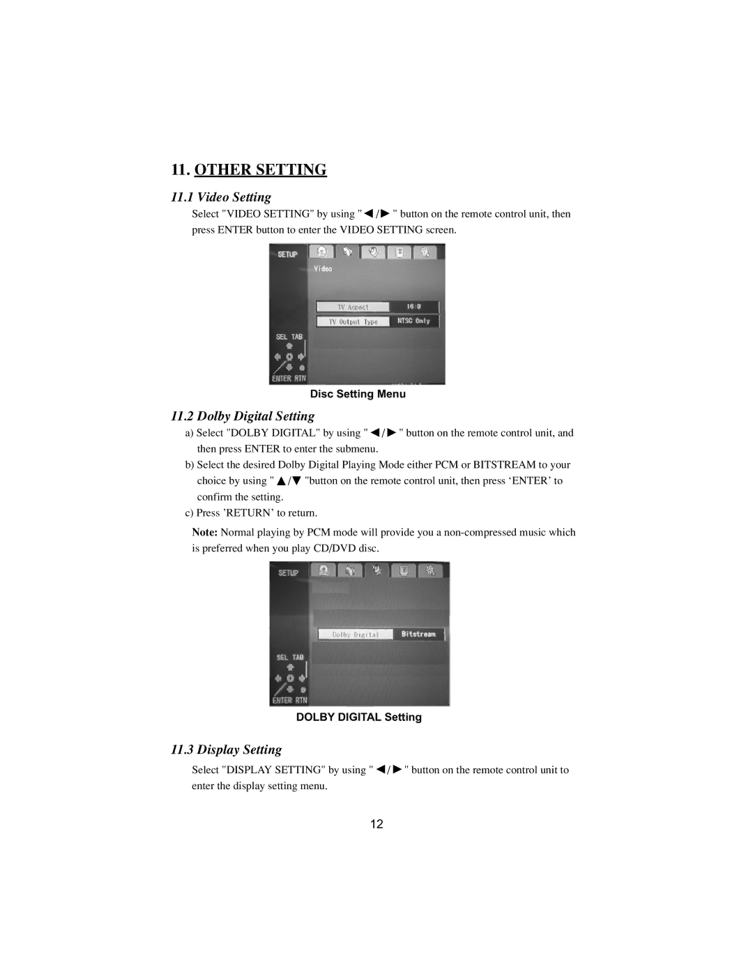 PYLE Audio PLRDVD13 manual Other Setting, Video Setting, Dolby Digital Setting, Display Setting 