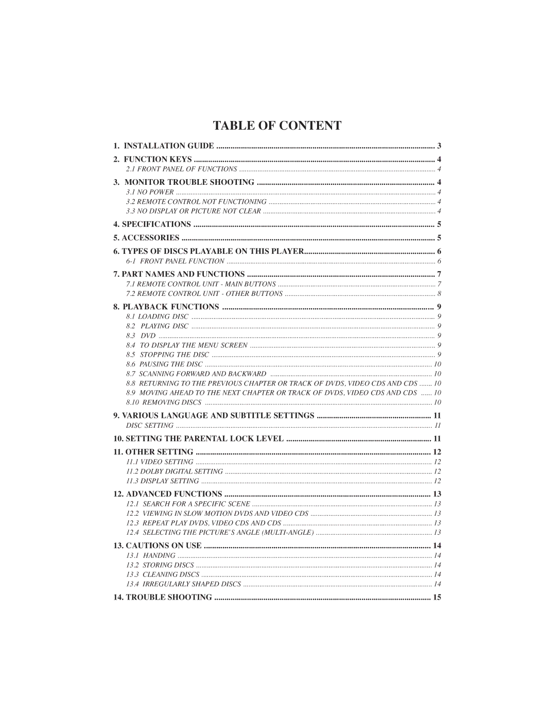 PYLE Audio PLRDVD13 manual Table of Content 