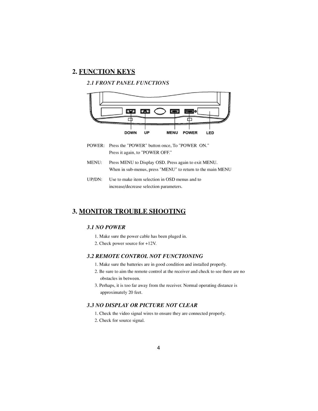 PYLE Audio PLRDVD13 manual Function Keys, Monitor Trouble Shooting, No Power, Remote Control not Functioning 