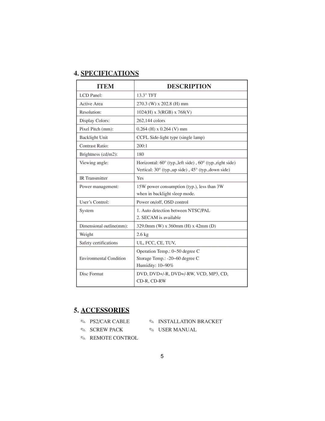 PYLE Audio PLRDVD13 manual Specifications, Accessories 