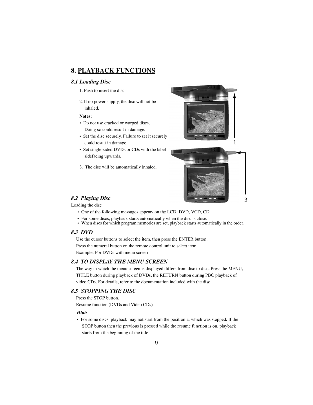 PYLE Audio PLRDVD13 manual Playback Functions, To Display the Menu Screen, Stopping the Disc 