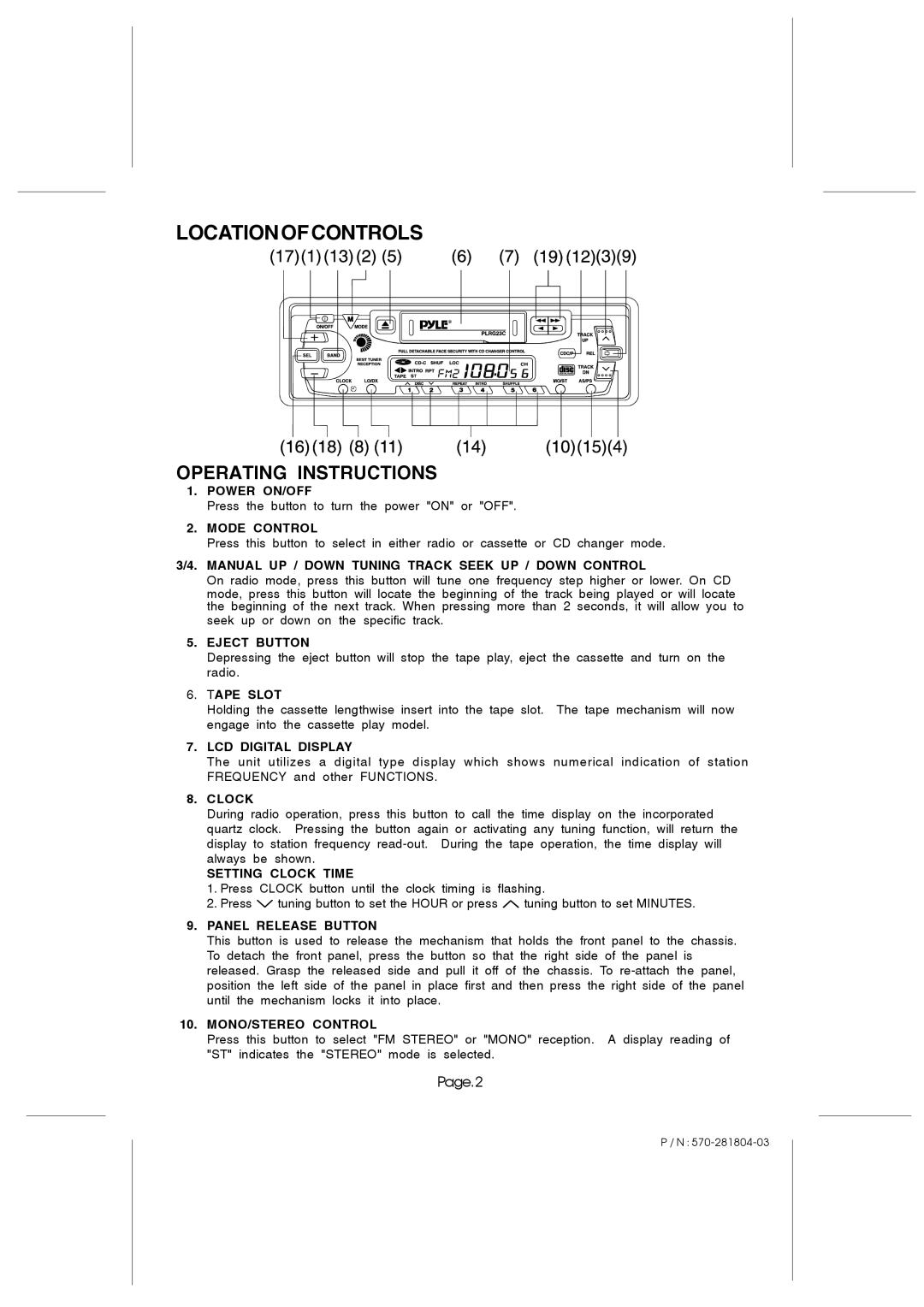 PYLE Audio PLRG23C owner manual Locationofcontrols, Operating Instructions 