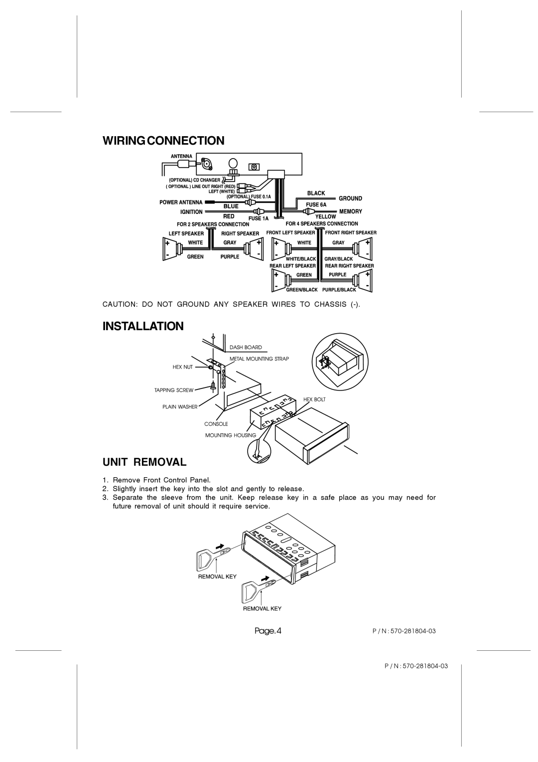 PYLE Audio PLRG23C owner manual Wiringconnection Installation, Unit Removal 