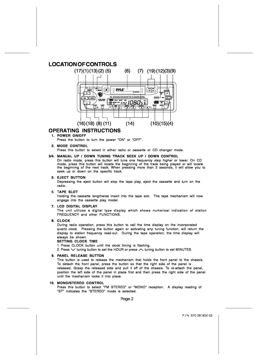 PYLE Audio PLRG23C owner manual Locationofcontrols, Operating Instructions, Page.2 