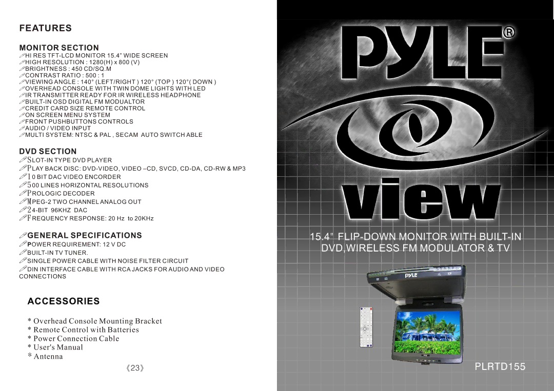 PYLE Audio PLRTD155 specifications Features, Accessories, Monitor Section, DVD Section, General Specifications 