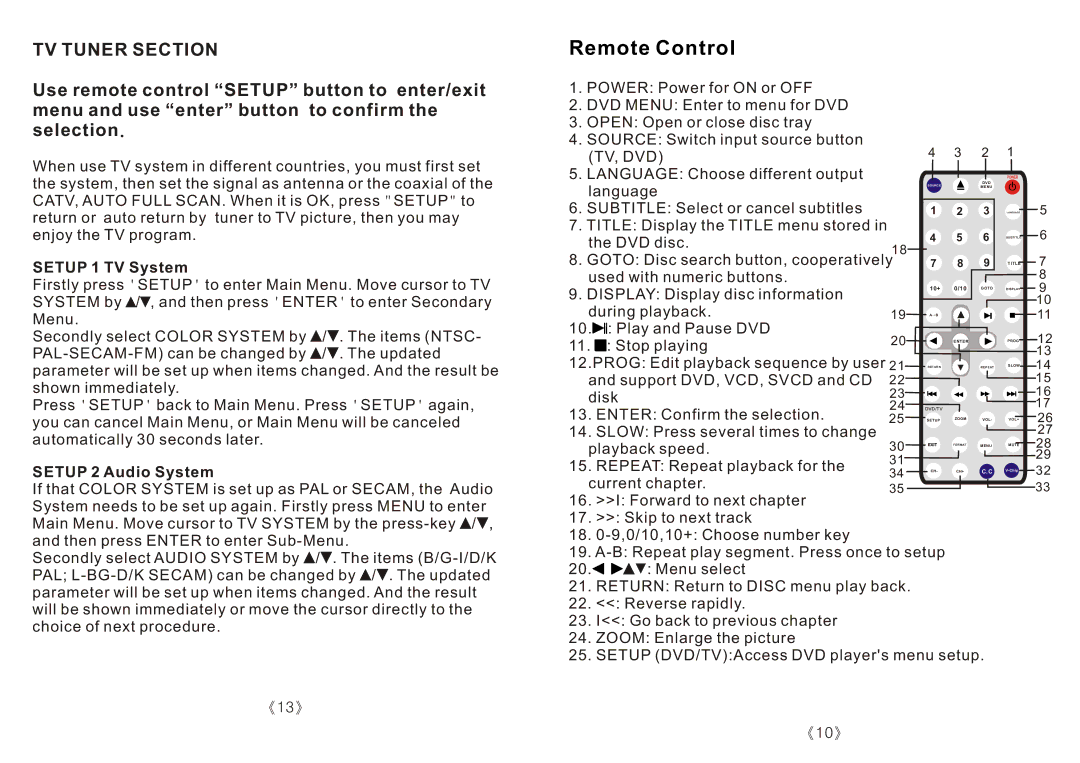 PYLE Audio PLRTD155 specifications TV Tuner Section, Setup 1 TV System 