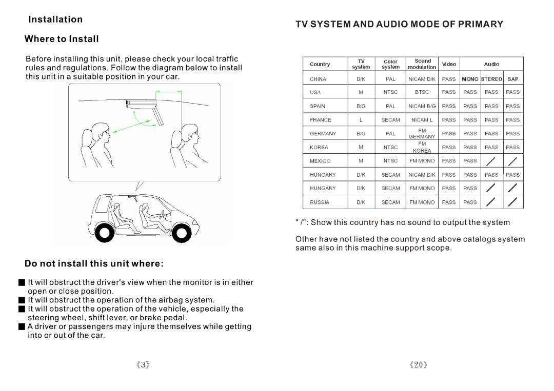 PYLE Audio PLRTD155 specifications Installation Where to Install, TV System and Audio Mode of Primary 