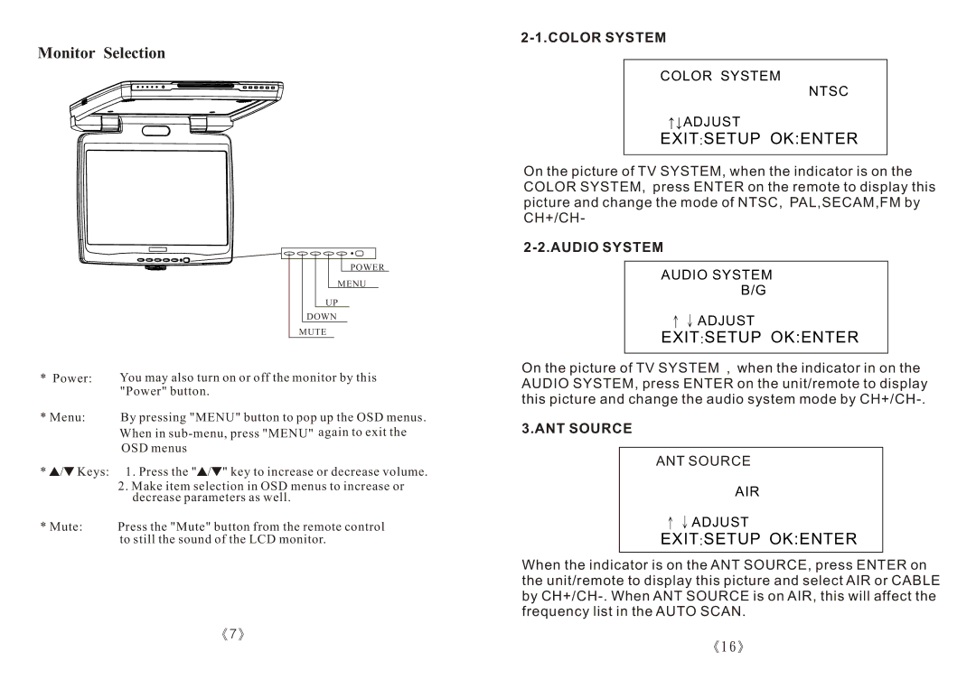 PYLE Audio PLRTD155 specifications Monitor Selection, Color System, Audio System, ANT Source 