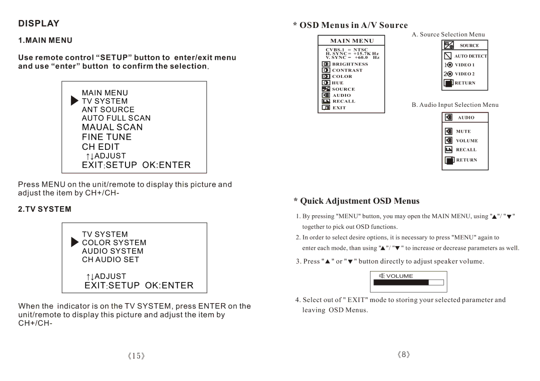 PYLE Audio PLRTD155 specifications Display, OSD Menus in A/V Source, Quick Adjustment OSD Menus, Main Menu, TV System 