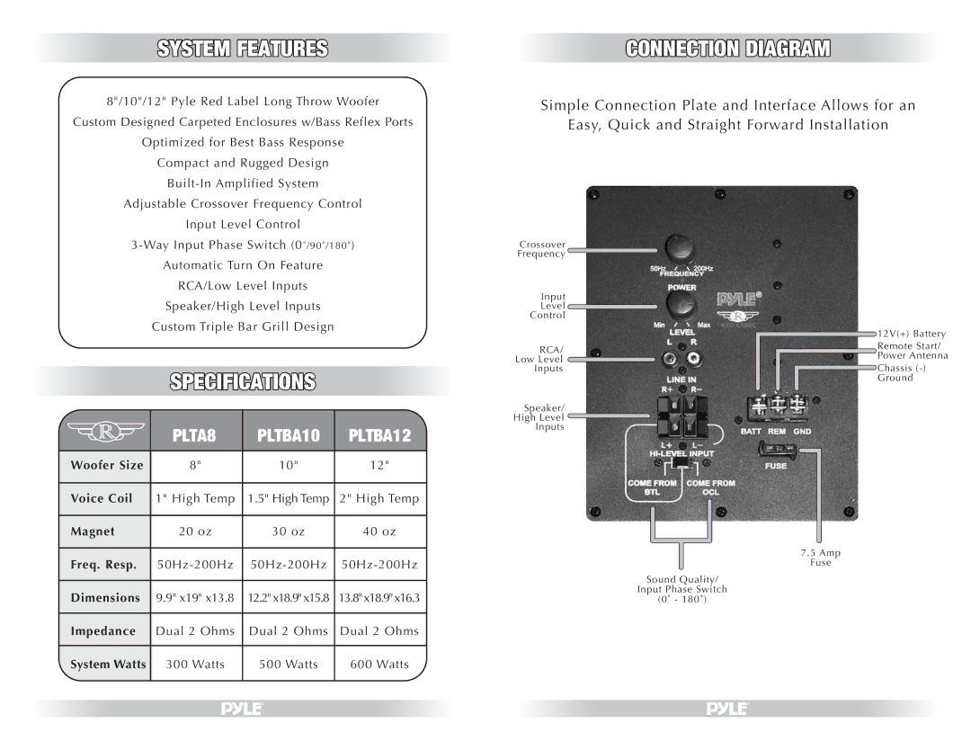 PYLE Audio PLTBA10 warranty System Features, Specifications 