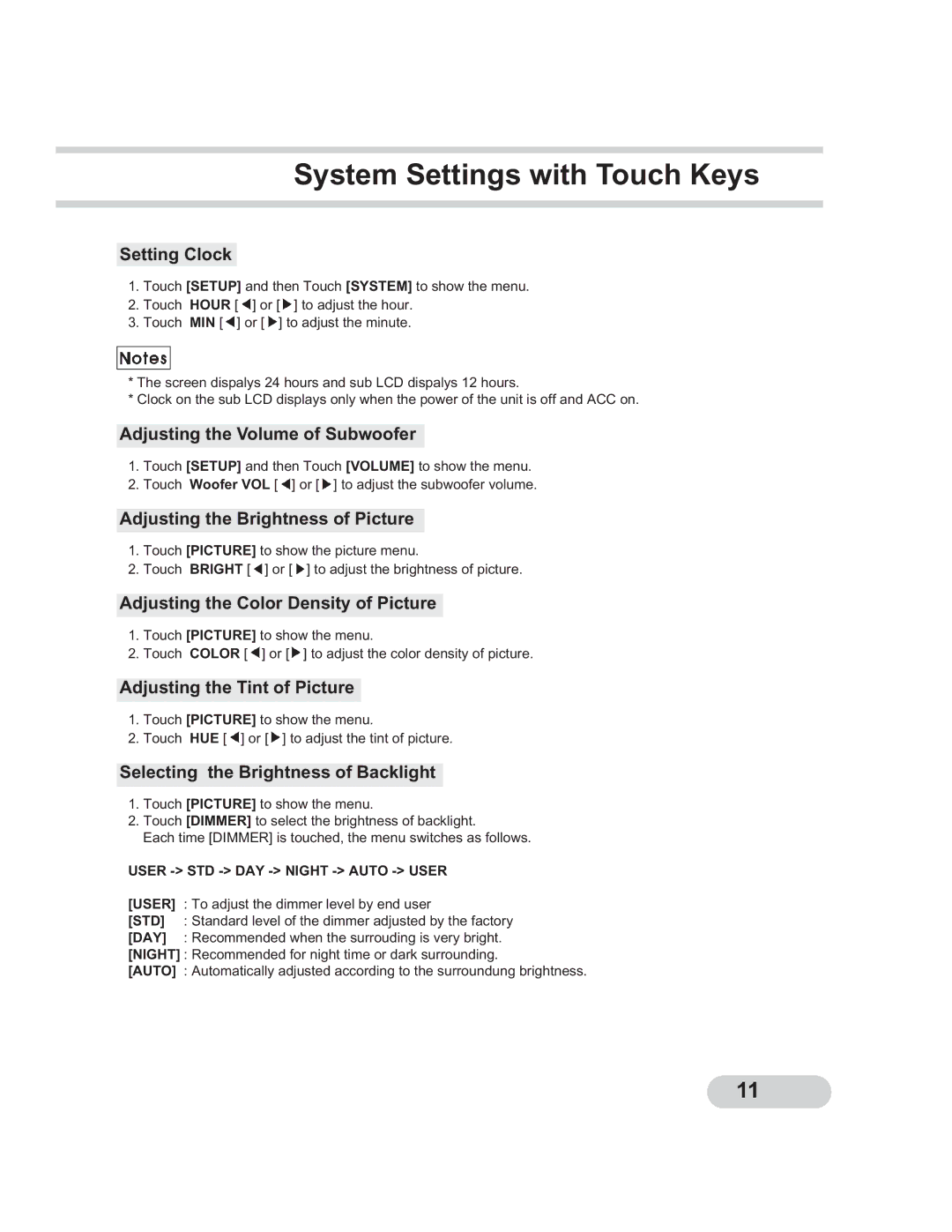 PYLE Audio PLTCDN7 manual Setting Clock, Adjusting the Volume of Subwoofer, Adjusting the Brightness of Picture 