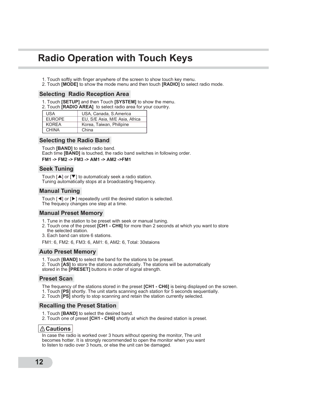 PYLE Audio PLTCDN7 manual Radio Operation with Touch Keys, Manual Preset Memory, Auto Preset Memory 