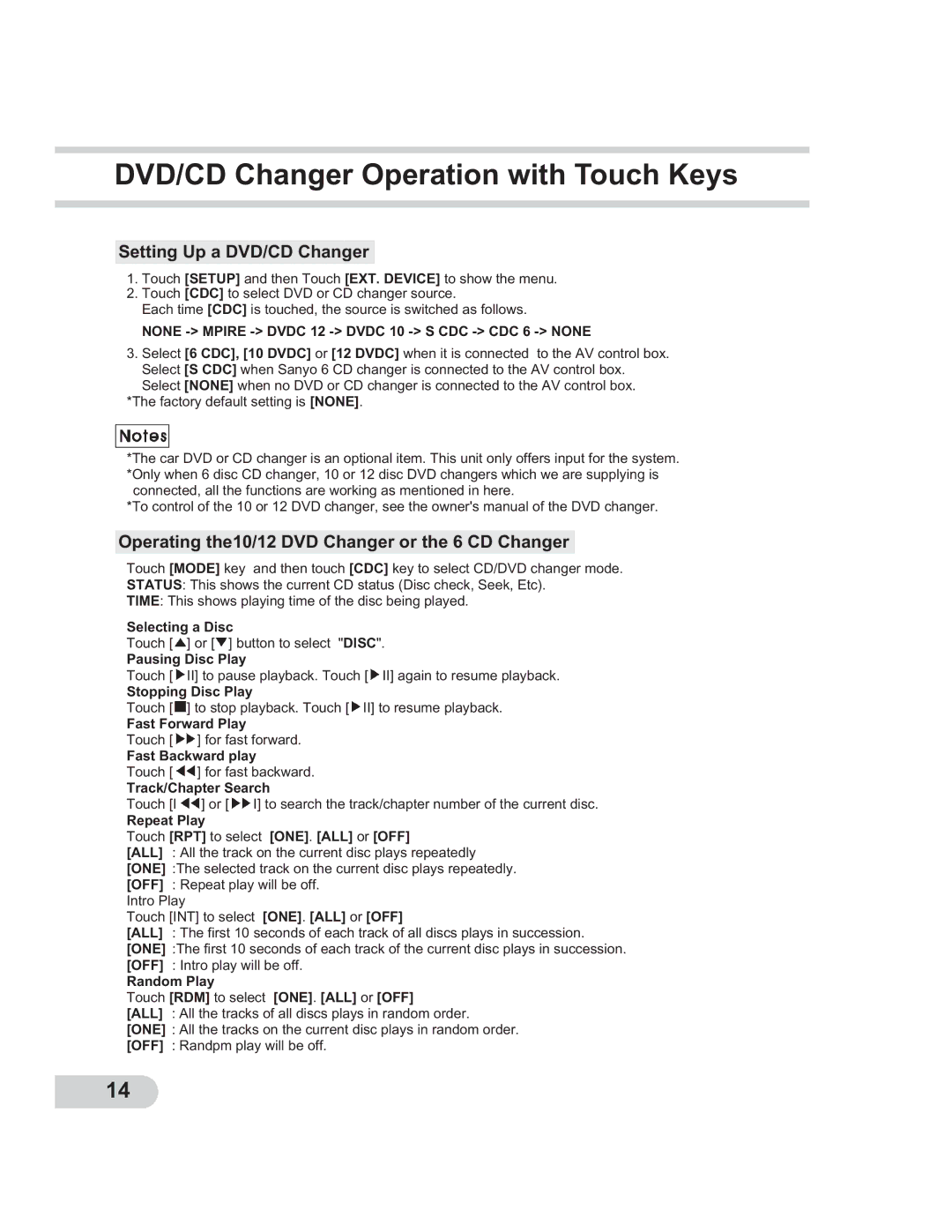 PYLE Audio PLTCDN7 manual DVD/CD Changer Operation with Touch Keys, Setting Up a DVD/CD Changer 