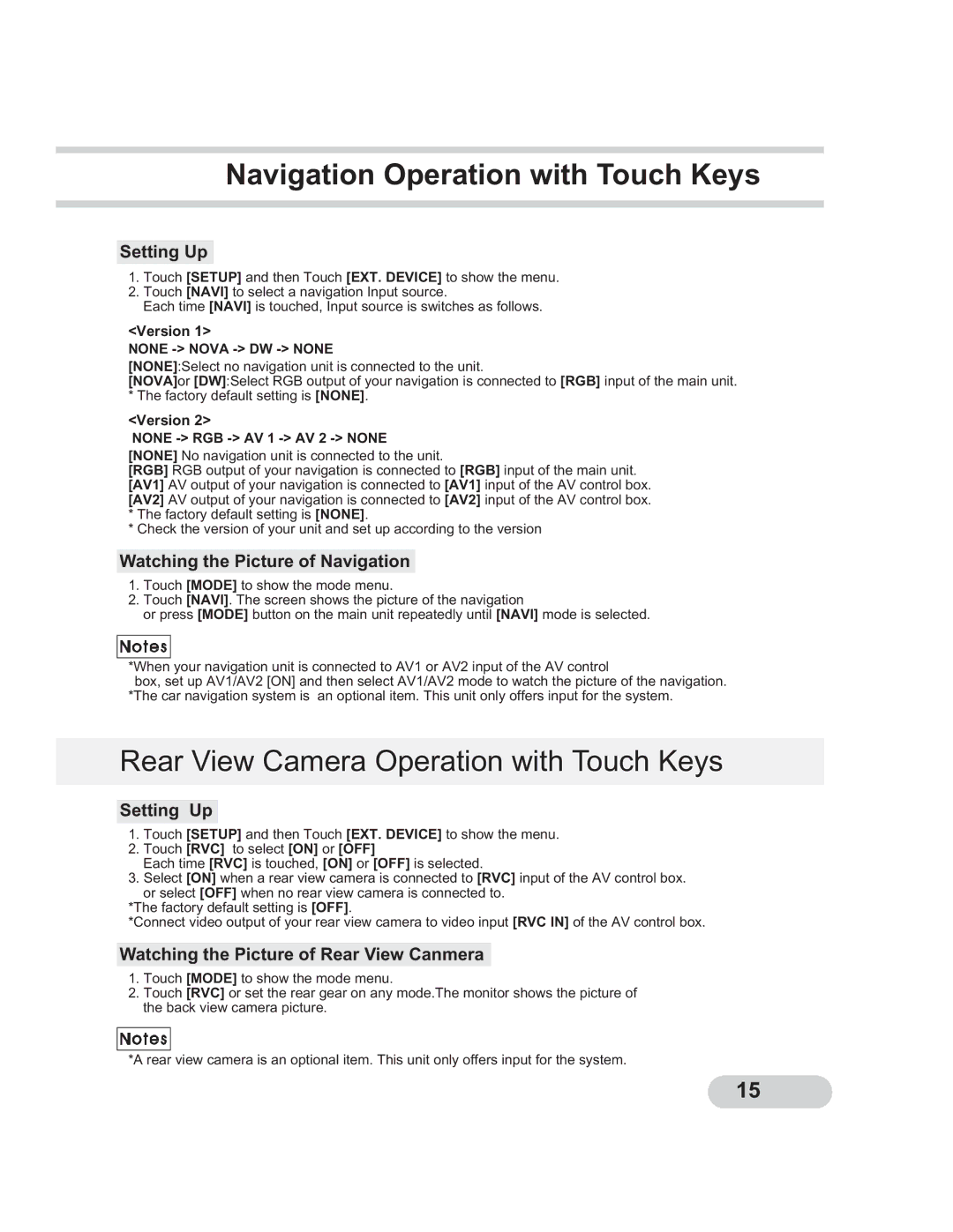 PYLE Audio PLTCDN7 manual Navigation Operation with Touch Keys, Rear View Camera Operation with Touch Keys, Setting Up 