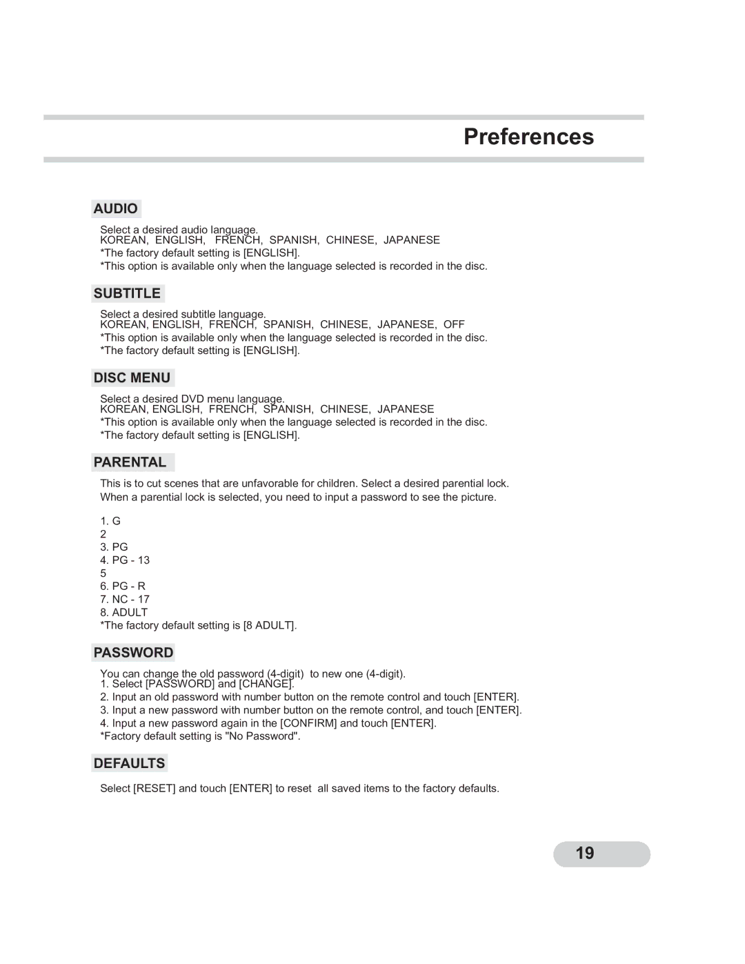 PYLE Audio PLTCDN7 manual Preferences, Audio 