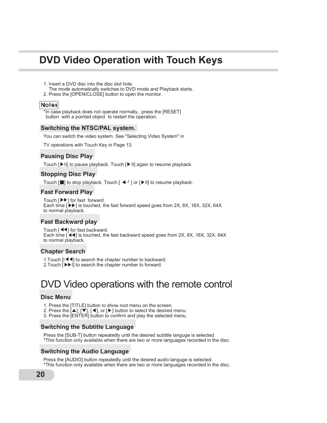 PYLE Audio PLTCDN7 manual DVD Video Operation with Touch Keys, DVD Video operations with the remote control 