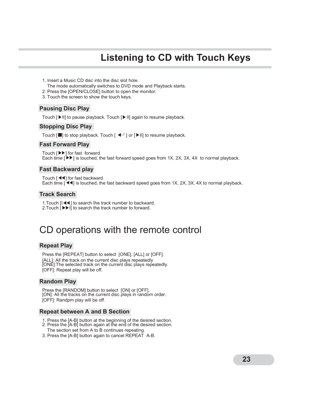 PYLE Audio PLTCDN7 manual Listening to CD with Touch Keys, CD operations with the remote control 