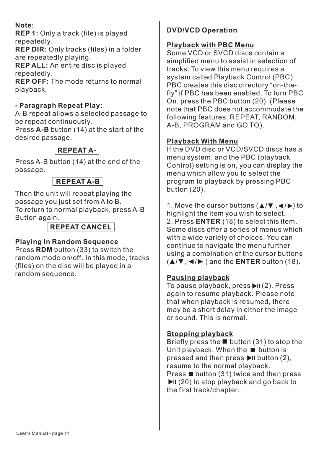 PYLE Audio PLTDF25 owner manual Paragraph Repeat Play, Playback With Menu, Pausing playback 