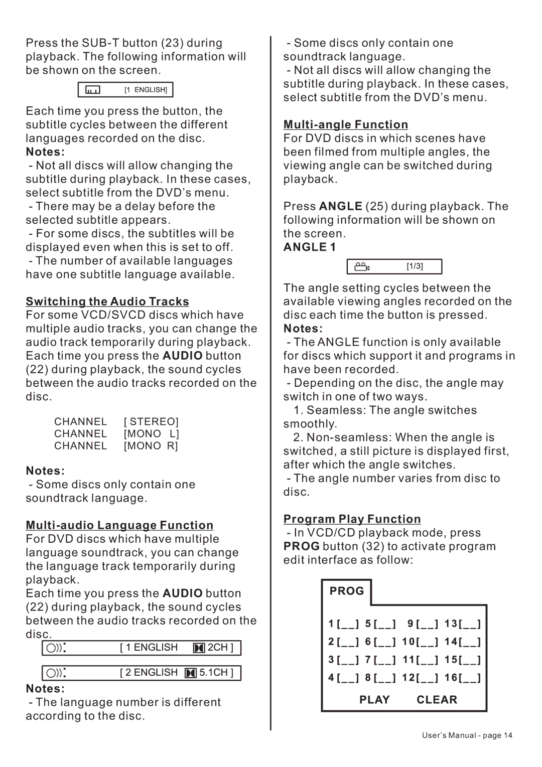 PYLE Audio PLTDF25 owner manual Switching the Audio Tracks, Multi-angle Function, Angle, Program Play Function 