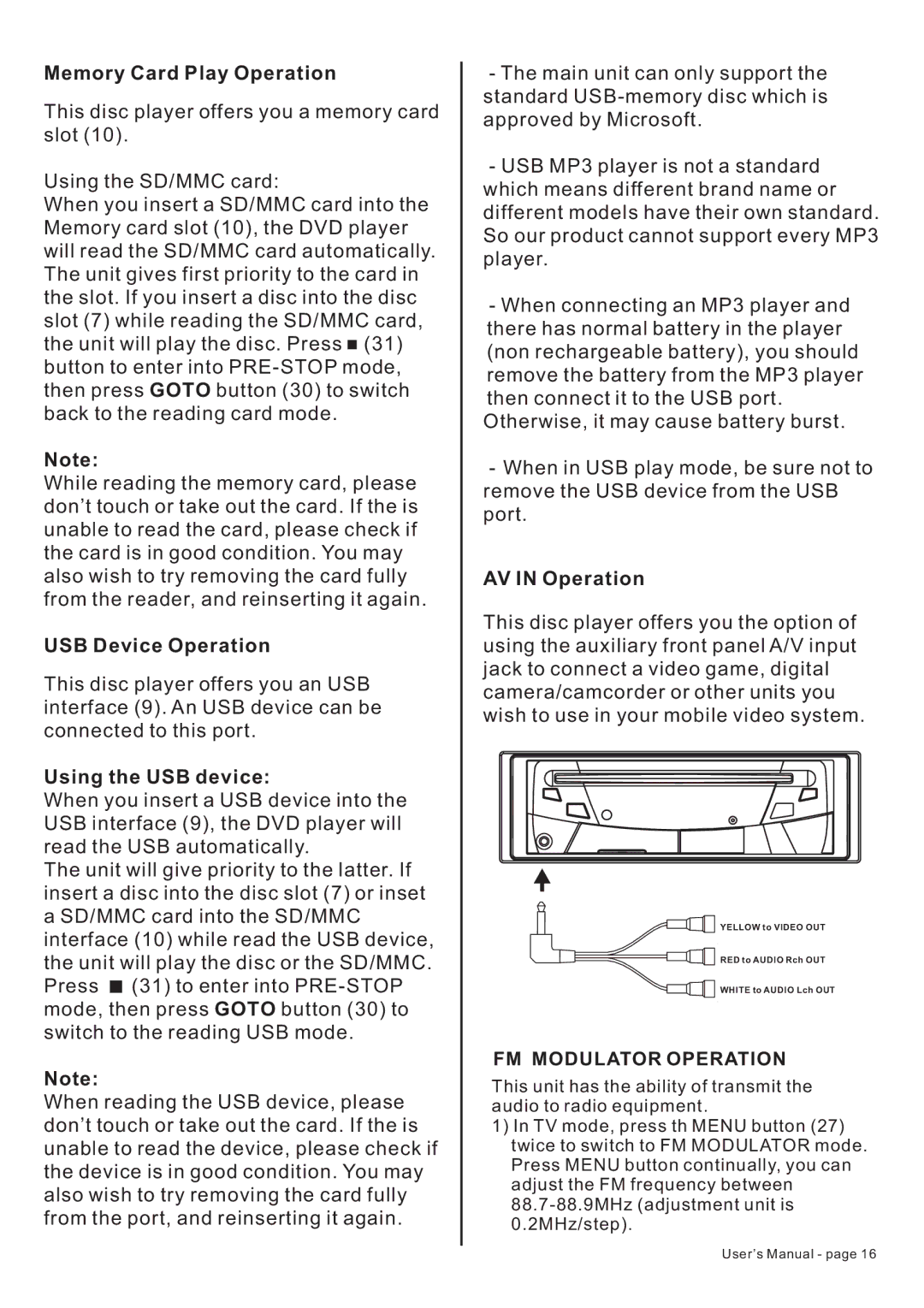 PYLE Audio PLTDF25 owner manual Memory Card Play Operation, USB Device Operation, Using the USB device, AV in Operation 