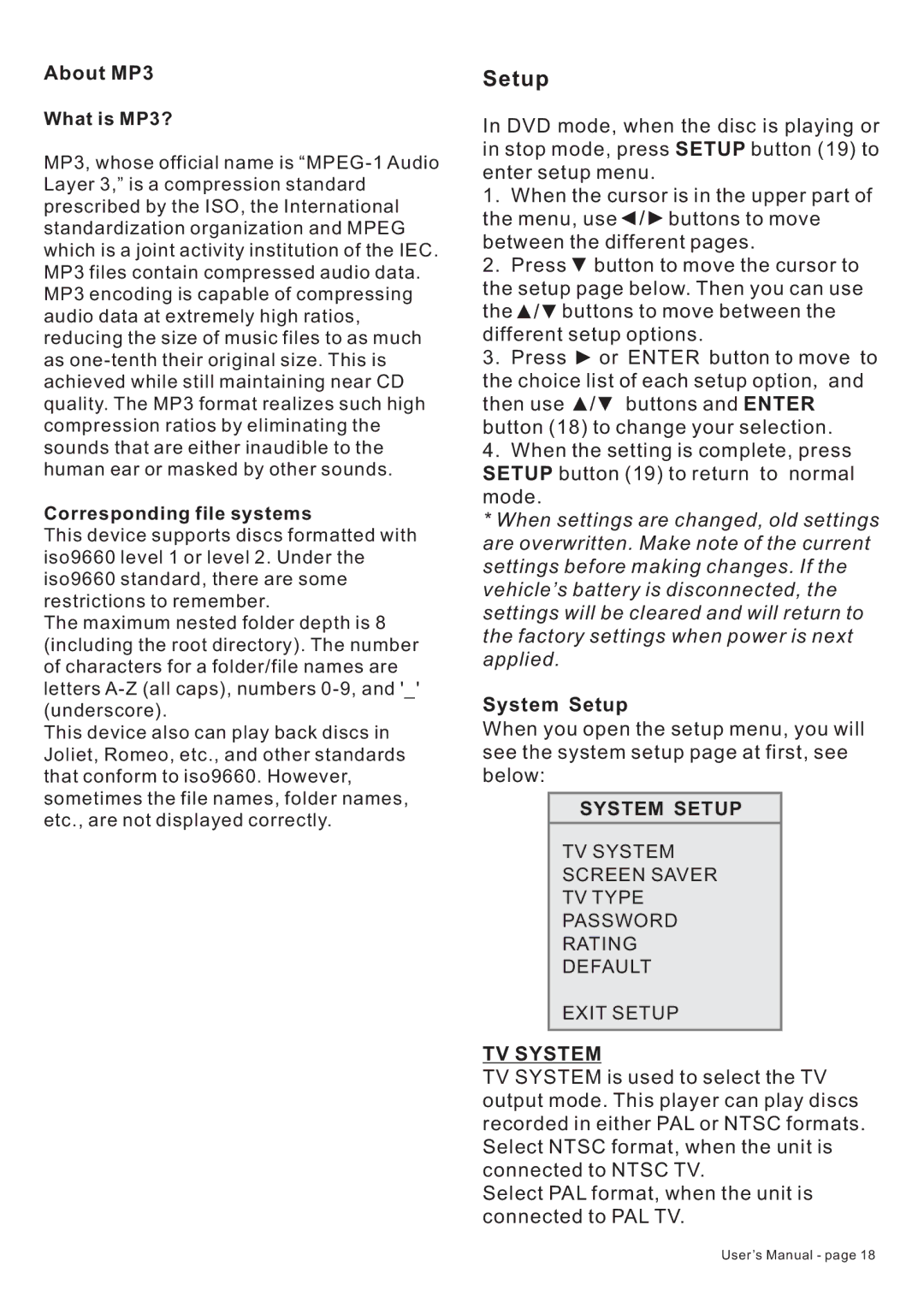 PYLE Audio PLTDF25 owner manual About MP3, System Setup, TV System 