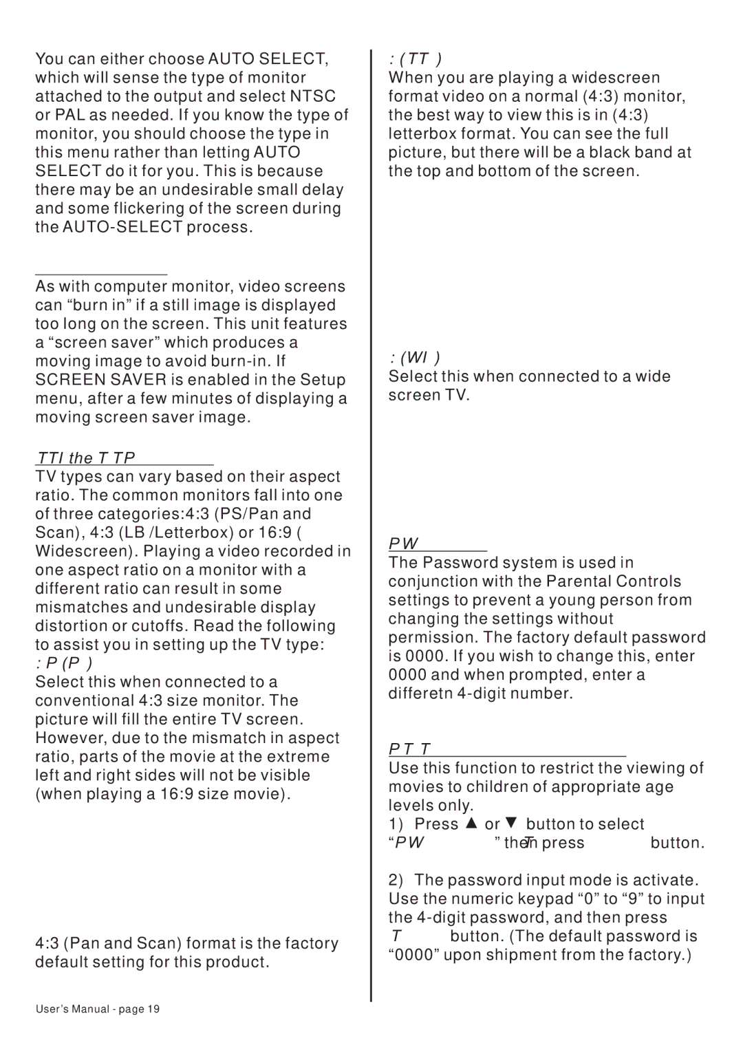 PYLE Audio PLTDF25 owner manual Screen Saver, PS PAN Scan, Letter BOX, Widescreen, Password, Parental Control Level 