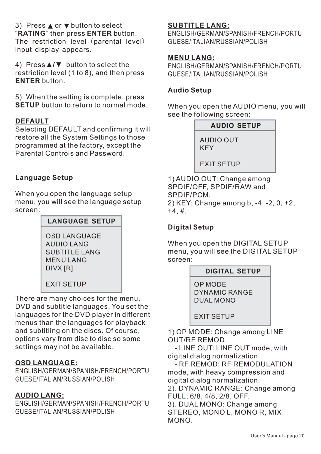 PYLE Audio PLTDF25 owner manual Default, Language Setup, Audio Setup, Digital Setup 