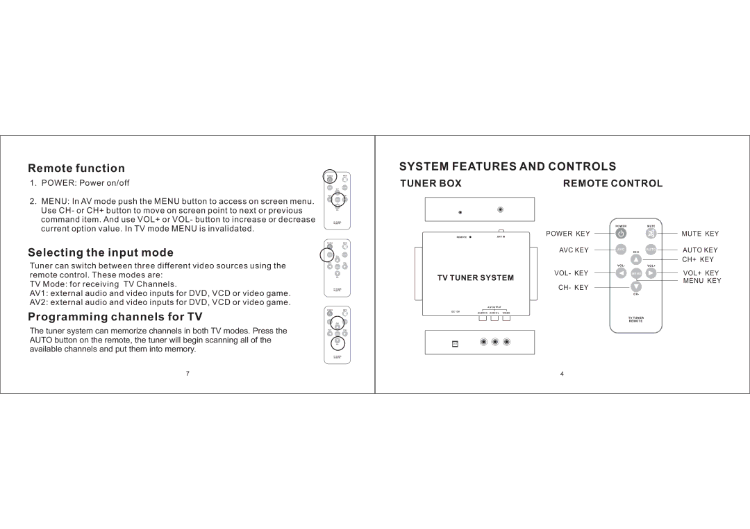 PYLE Audio PLTK120 Remote function, Selecting the input mode, Programming channels for TV, System Features and Controls 