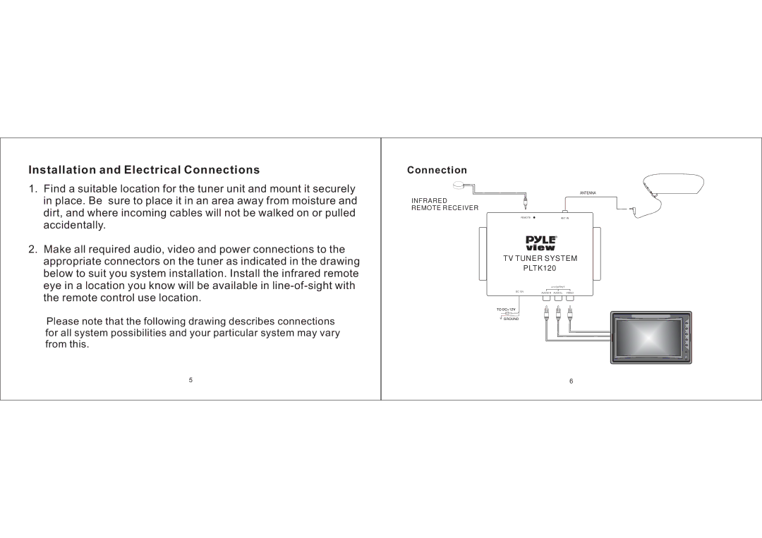 PYLE Audio PLTK120 owner manual Installation and Electrical Connections 