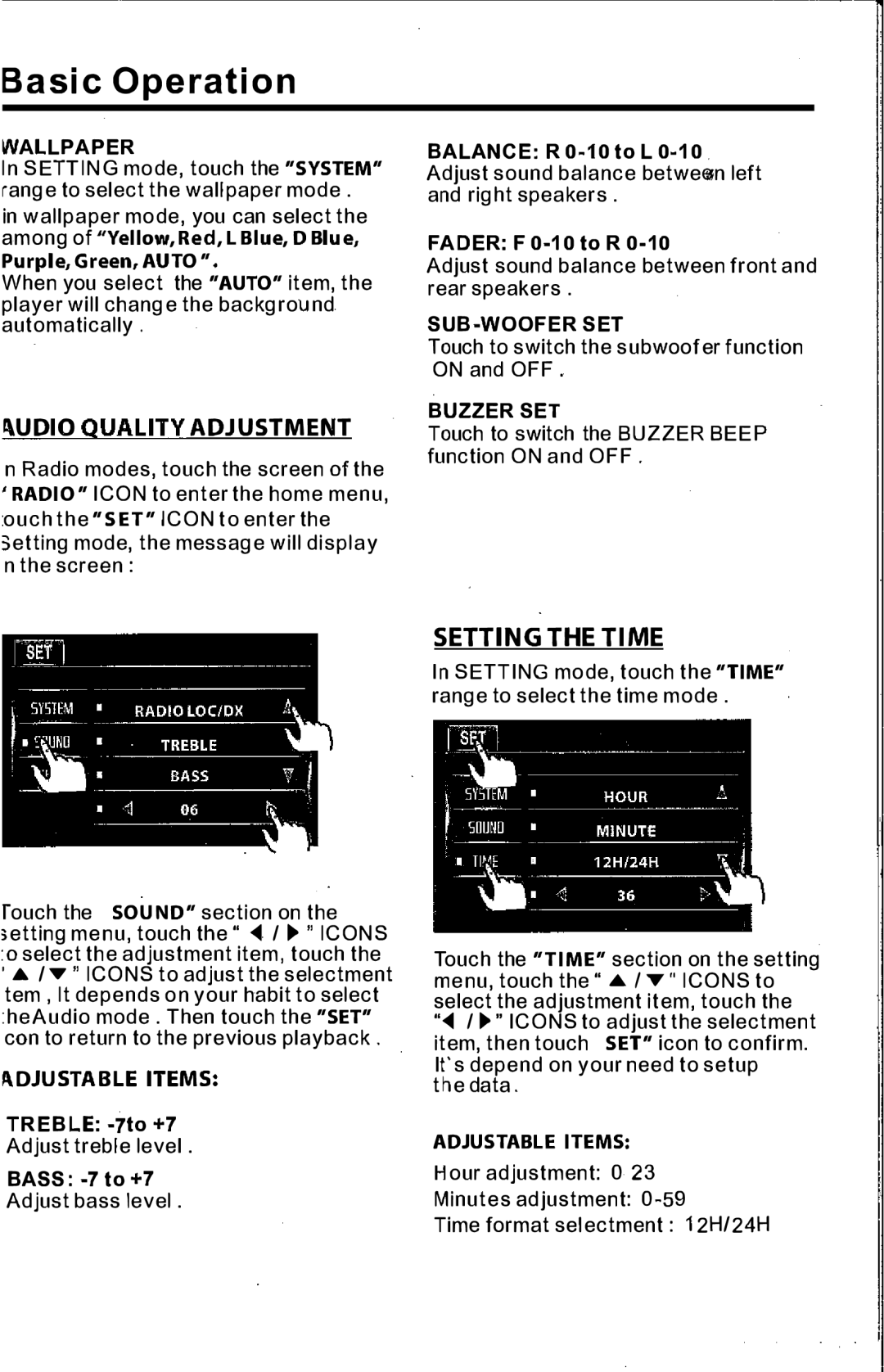 PYLE Audio PLTS73FX owner manual Udio Quality Adjustment, Setting the Time 