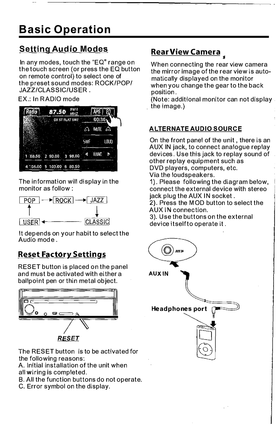 PYLE Audio PLTS73FX owner manual Setting Audio Modes, GoJiJ --ROCKI--UAZZJ USE, RearViewCamera, ResetFactorySettings 