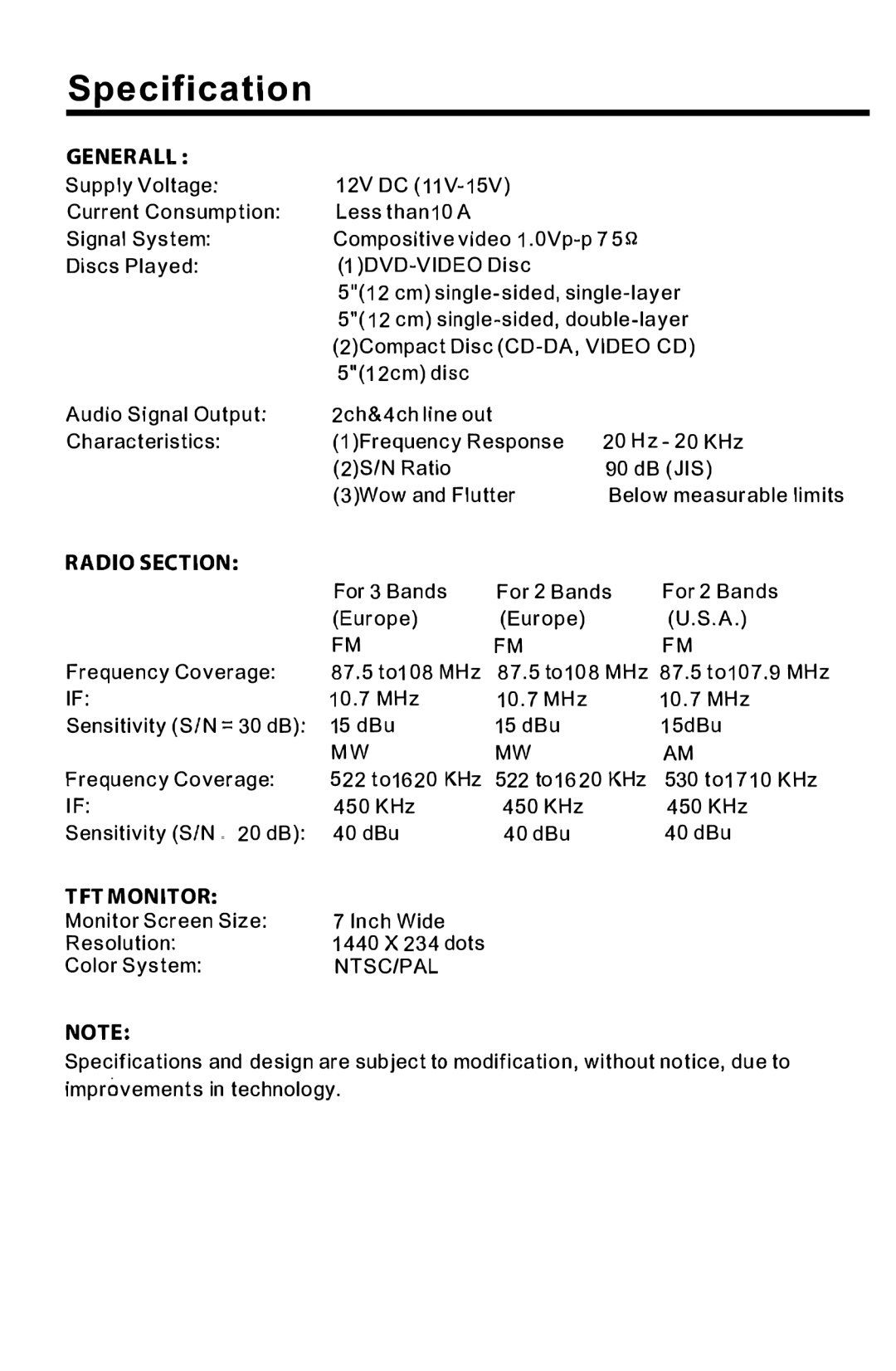 PYLE Audio PLTS73FX owner manual Specification, Ntsc/Pal 