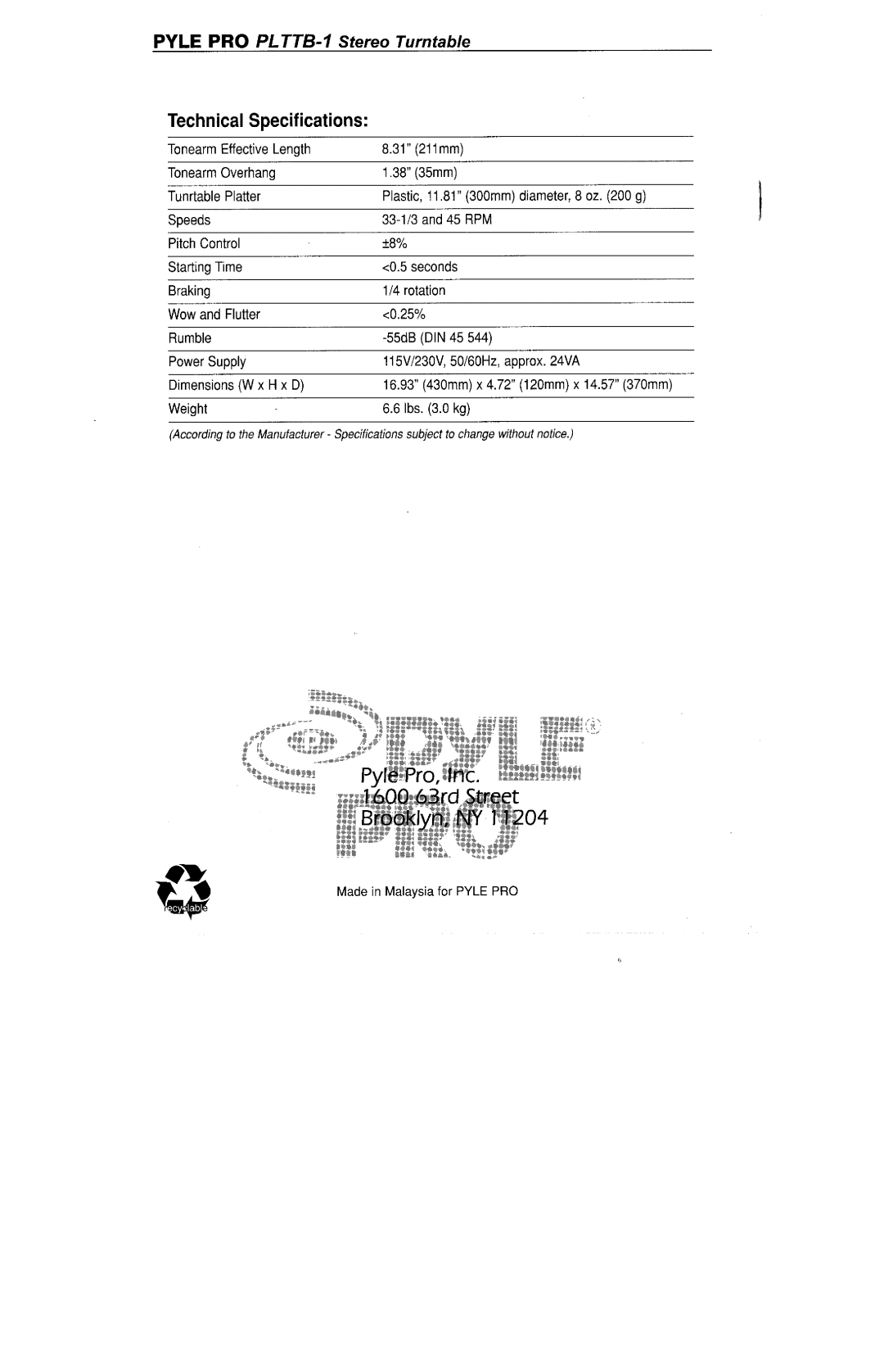 PYLE Audio PLTTB-1 manual 