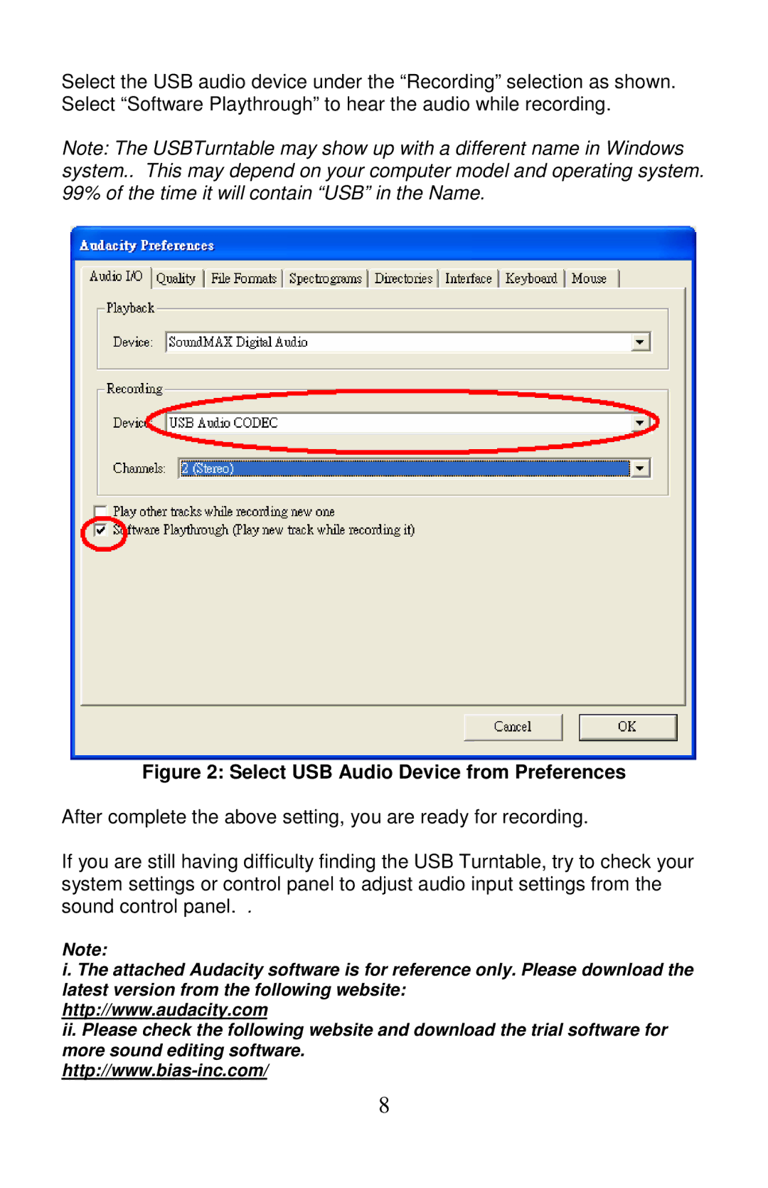 PYLE Audio PLTTB3U manual Select USB Audio Device from Preferences 