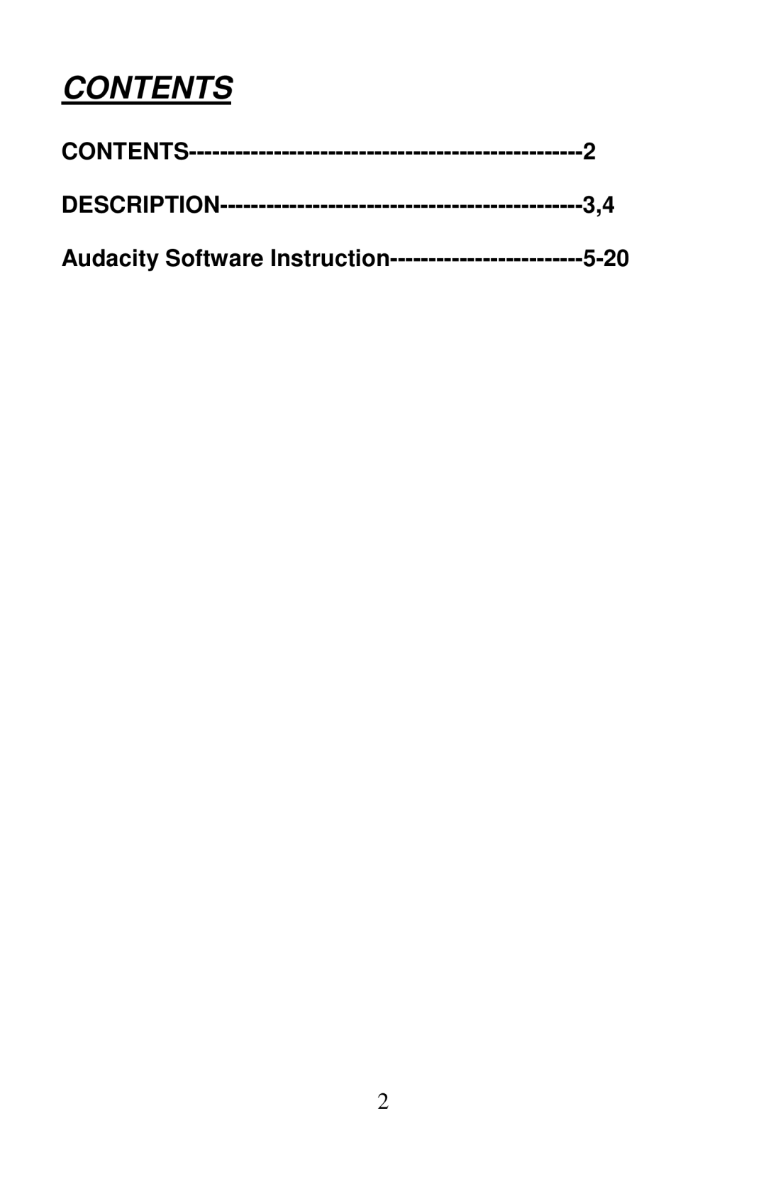 PYLE Audio PLTTB3U manual Contents, Description, Audacity Software Instruction, 5-20 