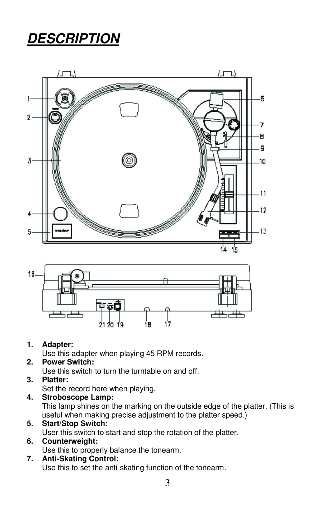 PYLE Audio PLTTB3U manual Description, Adapter, Power Switch, Platter, Stroboscope Lamp, Start/Stop Switch, Counterweight 