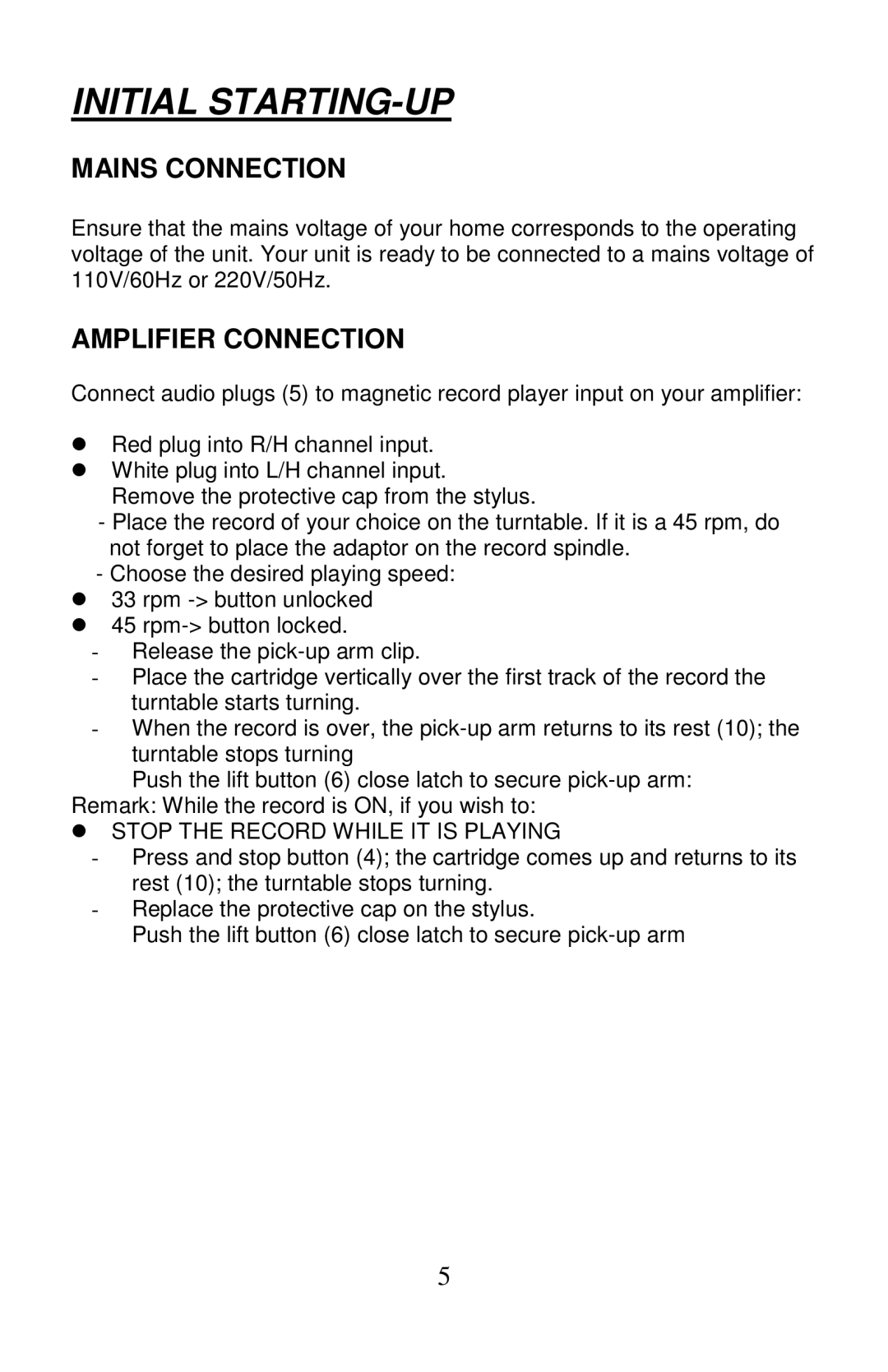 PYLE Audio PLTTB3U manual Initial Starting-Up, Mains Connection, Amplifier Connection 