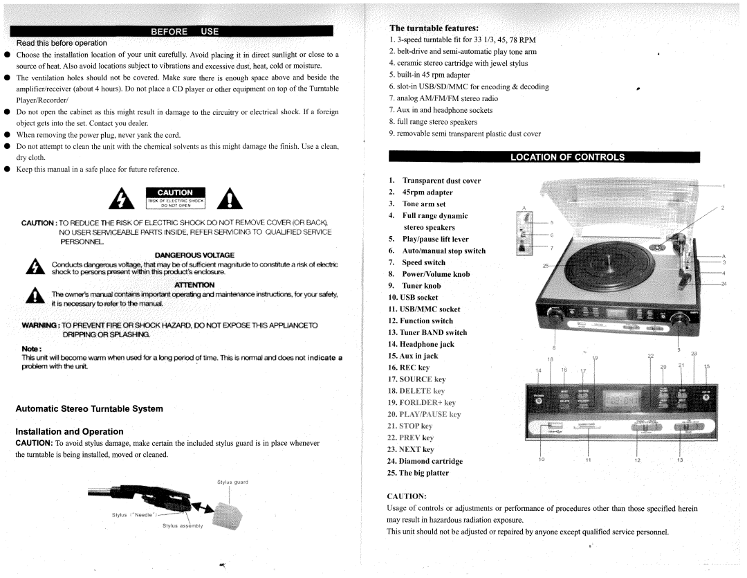 PYLE Audio PLTTB9U manual Automatic Stereo Turntable System Installation and Operation 