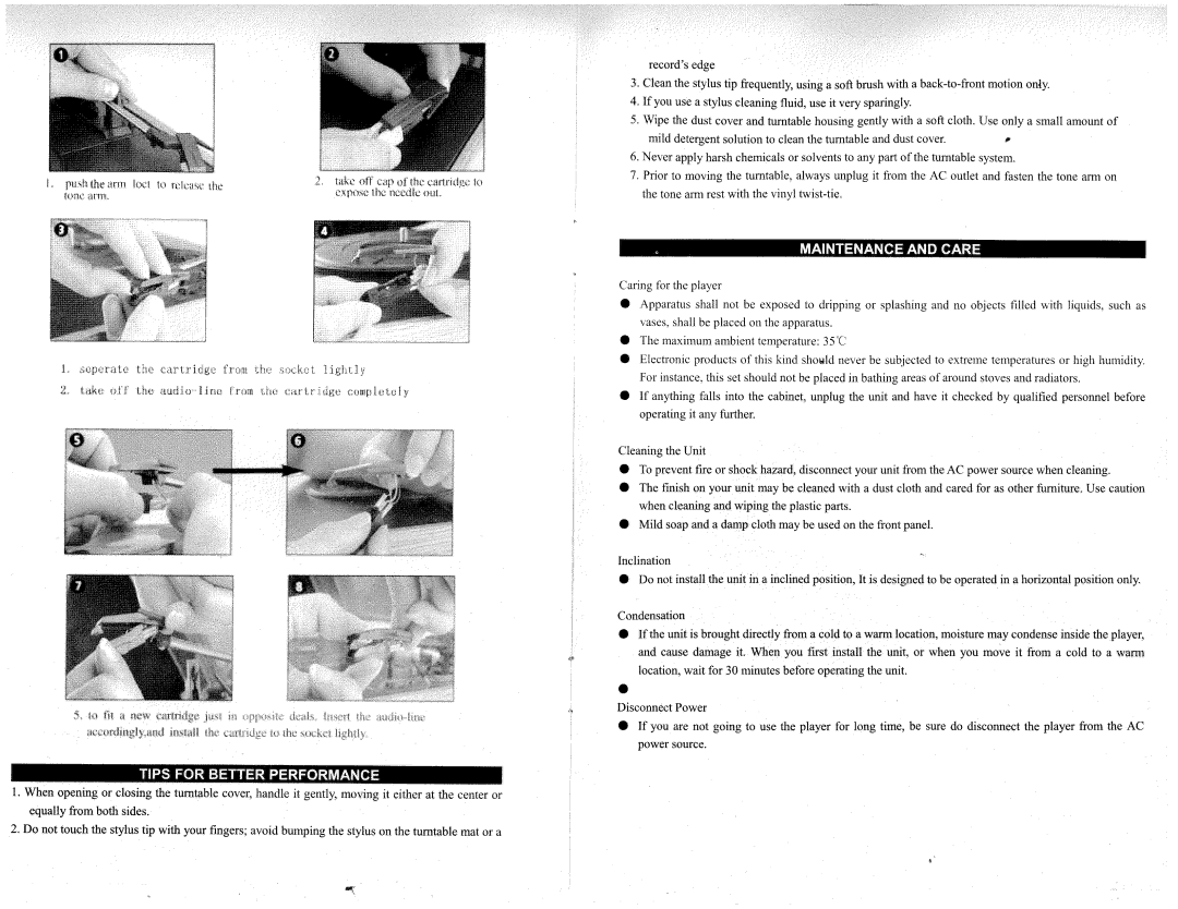 PYLE Audio PLTTB9U manual Maintenance and Care, Tips for Better Performance 