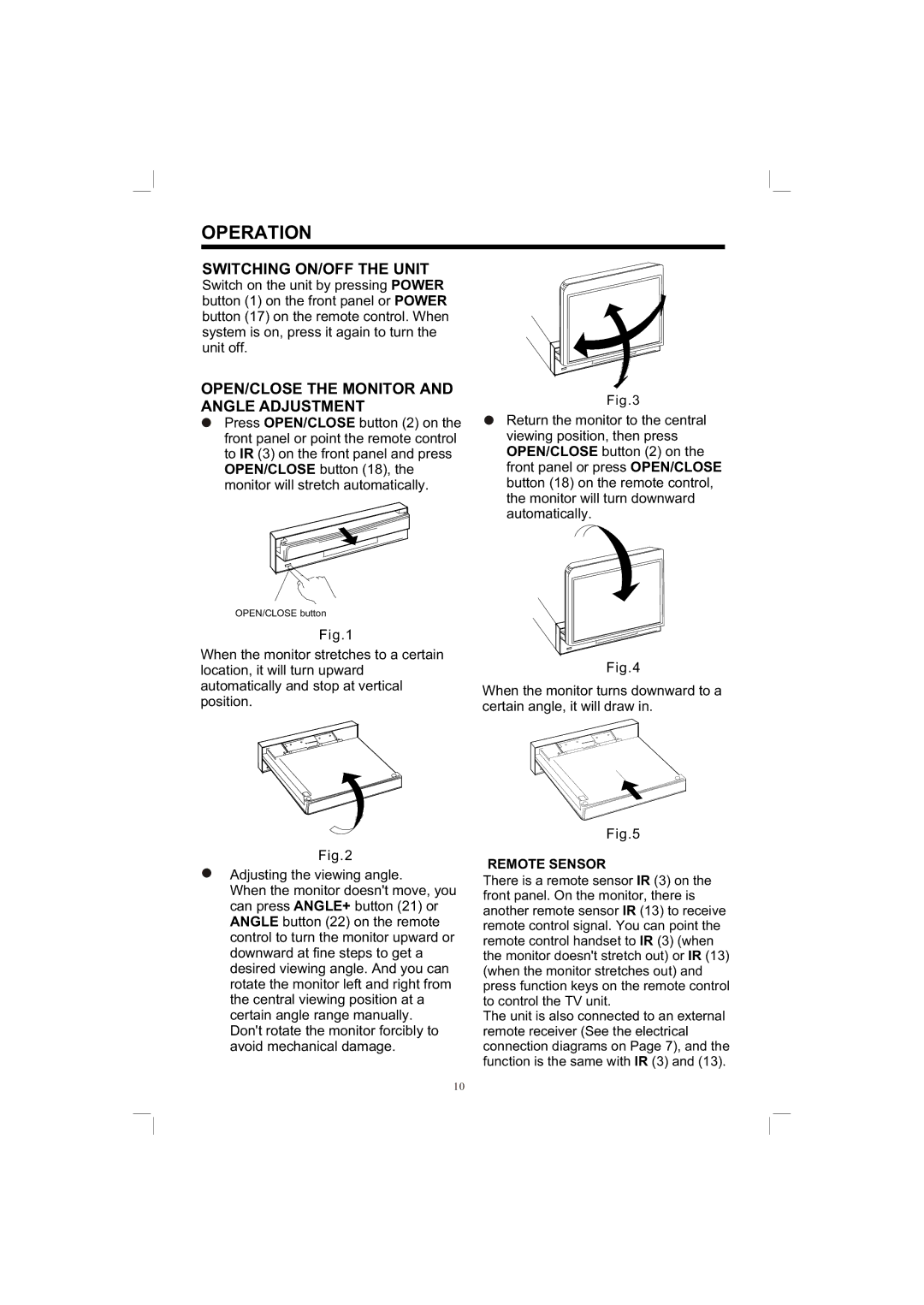 PYLE Audio PLTV165 owner manual Switching ON/OFF the Unit, OPEN/CLOSE the Monitor and Angle Adjustment 