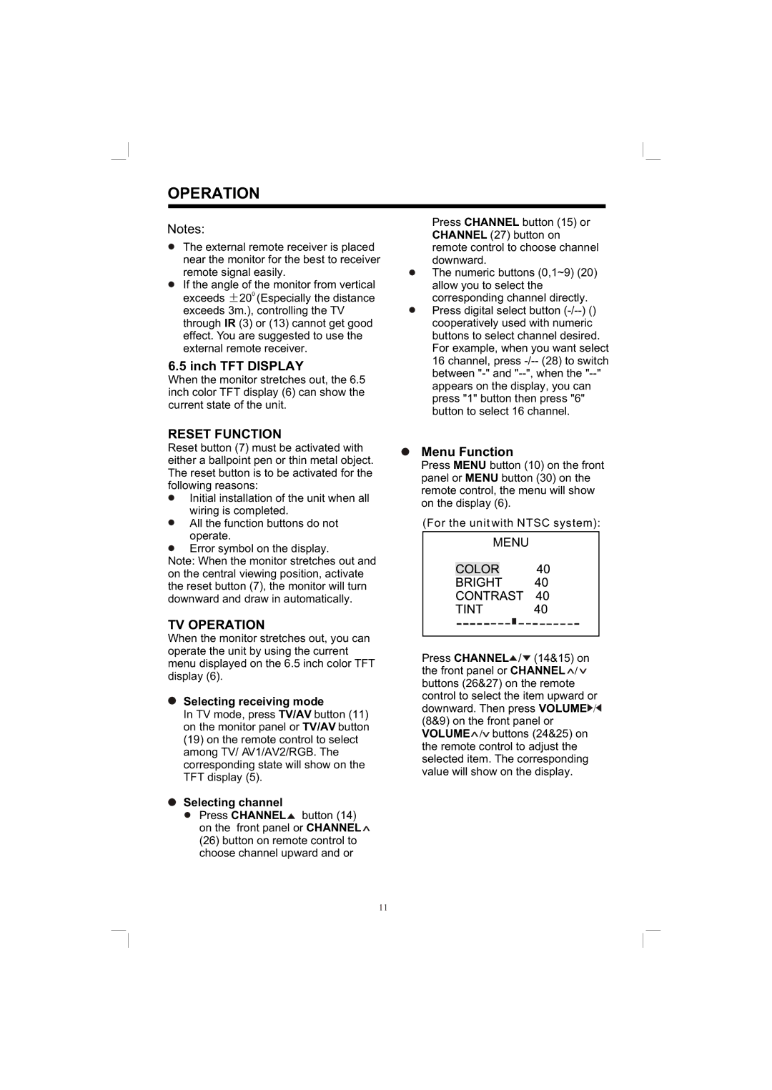 PYLE Audio PLTV165 owner manual Inch TFT Display, Reset Function, TV Operation, Menu Function 