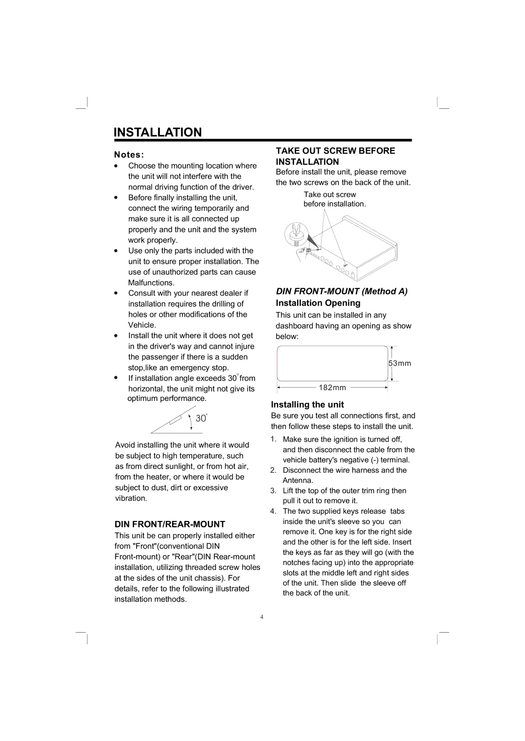 PYLE Audio PLTV165 Din Front/Rear-Mount, Take OUT Screw Before Installation, Installation Opening, Installing the unit 