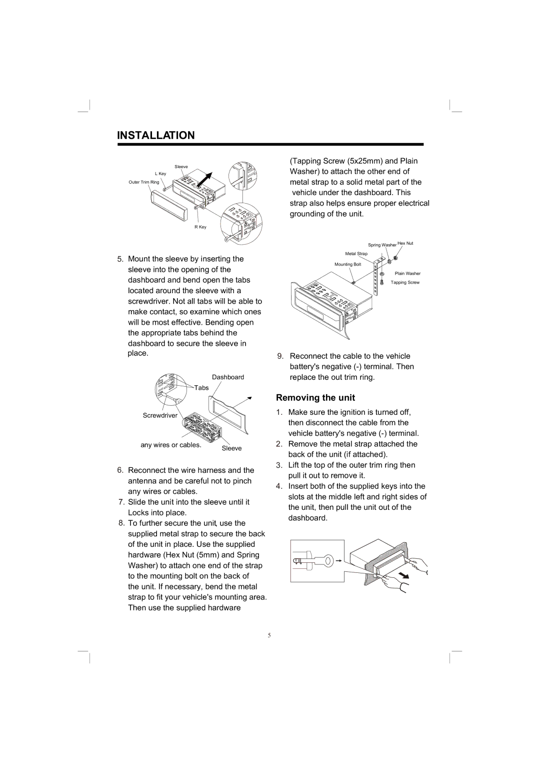 PYLE Audio PLTV165 owner manual Installation, Removing the unit 