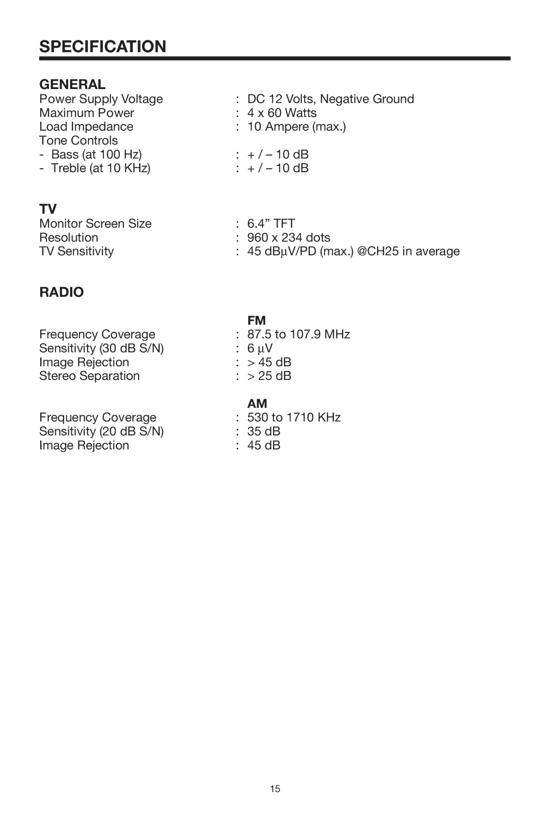 PYLE Audio PLTV64R owner manual Specification, General, Radio 