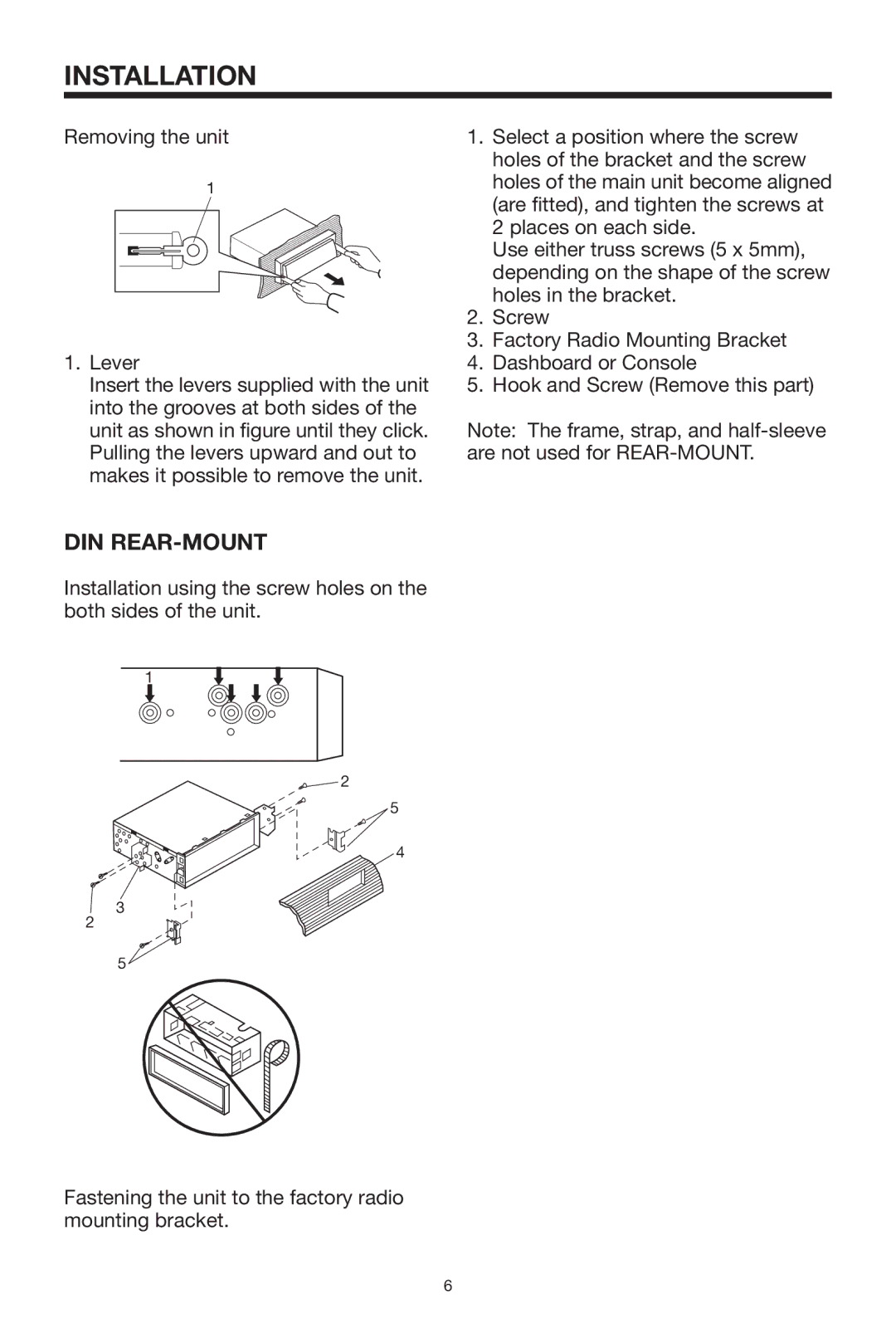 PYLE Audio PLTV64R owner manual Din Rear-Mount, Removing the unit Lever 